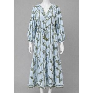 OMIKA Dress XS Blue Floral Cinched Waist Midi Shirt Boho Long Sleeve Tiered